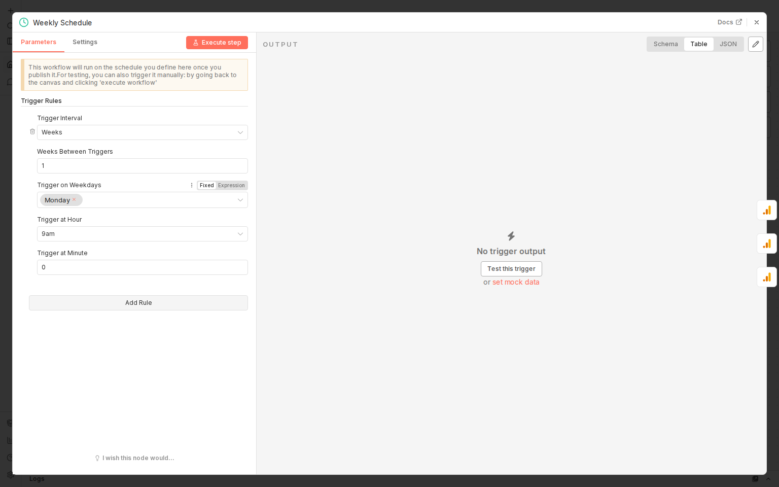 Schedule Trigger node configuration showing weekly interval, Monday, 9am
