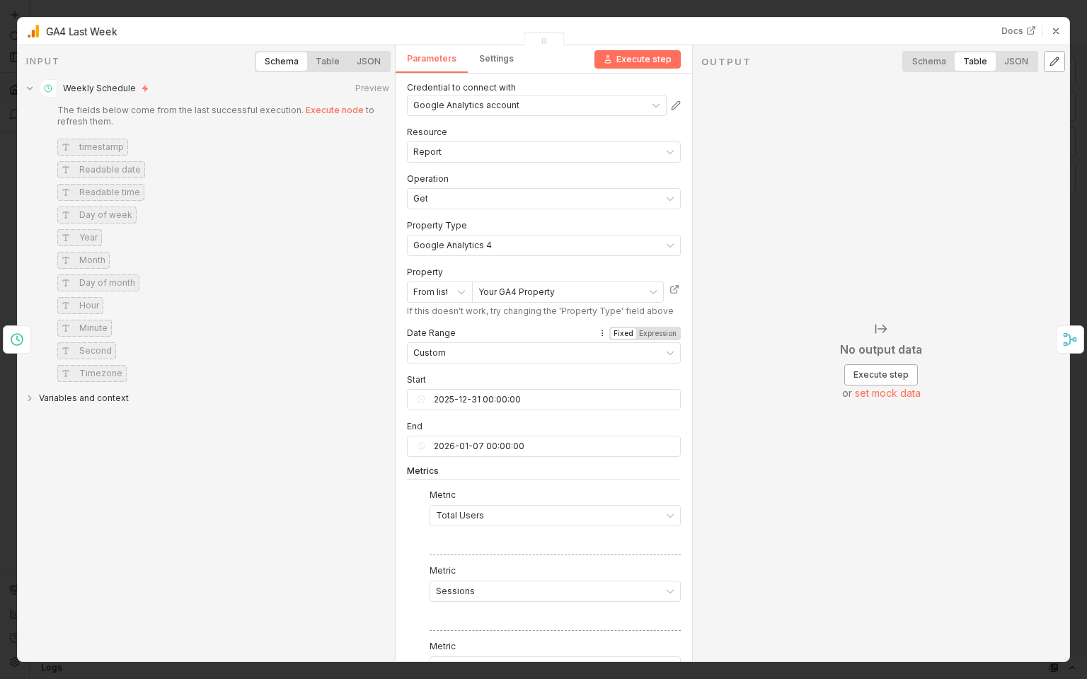 GA4 Last Week node configuration showing Custom date range with dynamic start and end dates for the previous week period