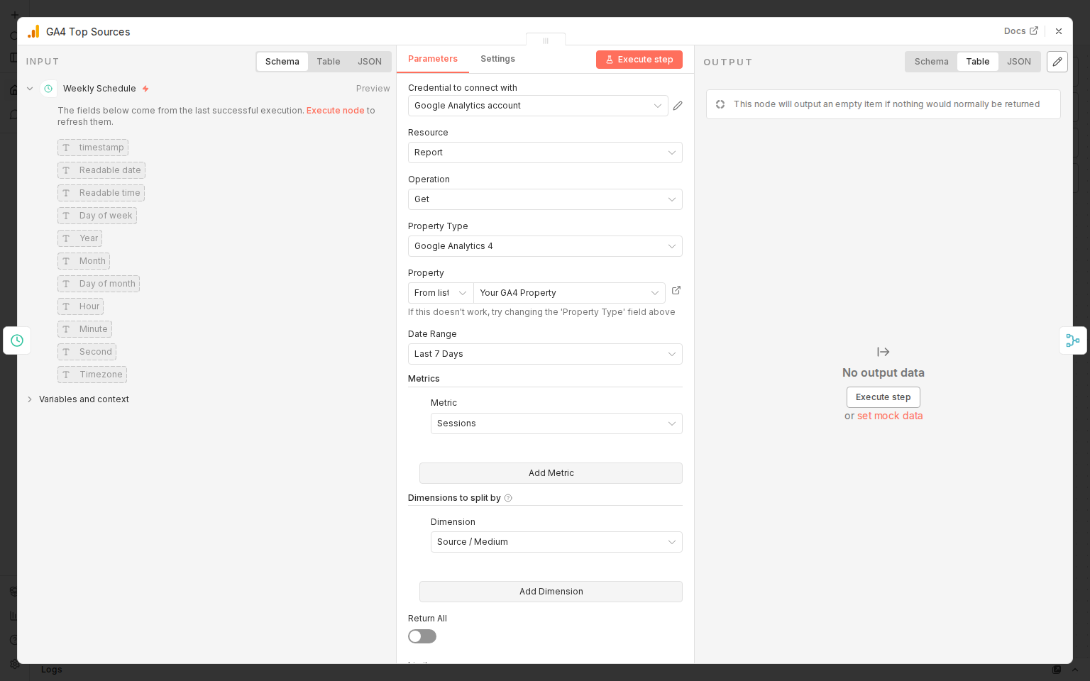 GA4 Top Sources node configuration showing Sessions metric, Source/Medium dimension, sorted descending by session count