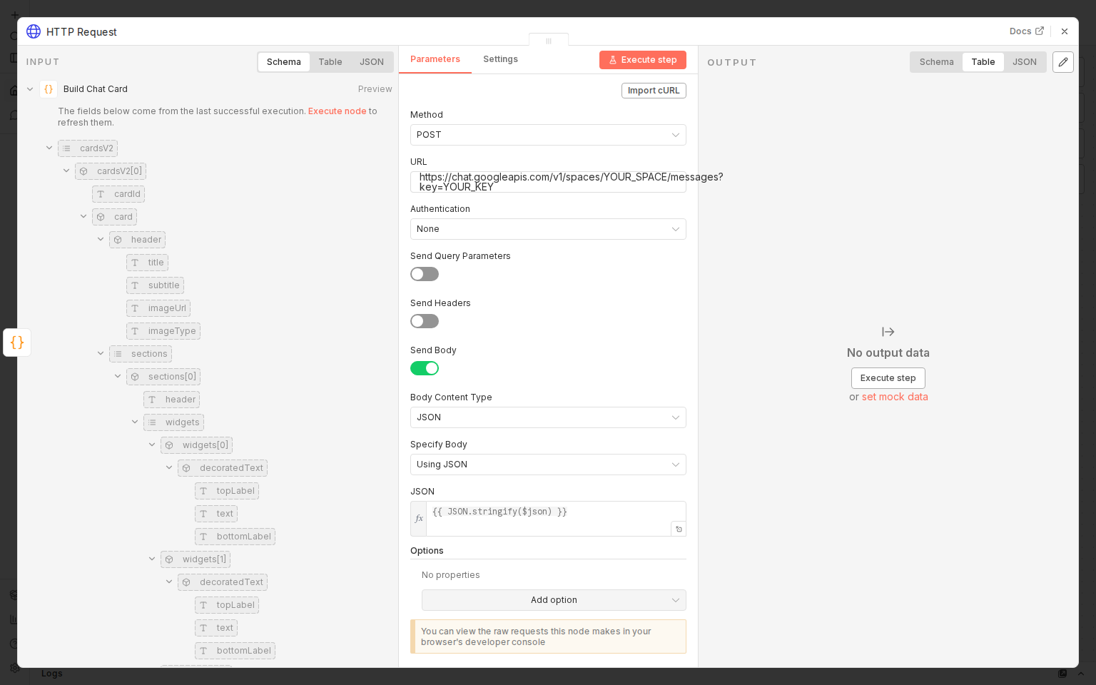 HTTP Request node configured to POST JSON to a Google Chat webhook URL, with Body Content Type set to JSON and the expression passing the card structure