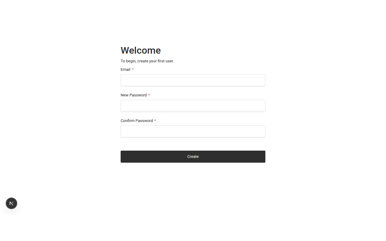 Payload CMS setup screen showing email and password fields for creating the first admin user