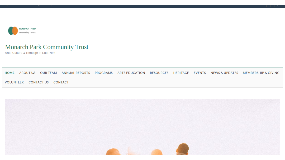 Screenshot of the Monarch Park Community Trust WordPress homepage showing a dated theme, crowded navigation, and faded hero image
